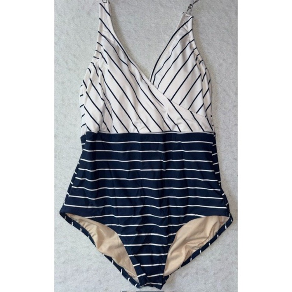 Women's Kona‎ Sol Coastal Chic One Piece Navy Nautical Stripe Swimsuit XL NWOT